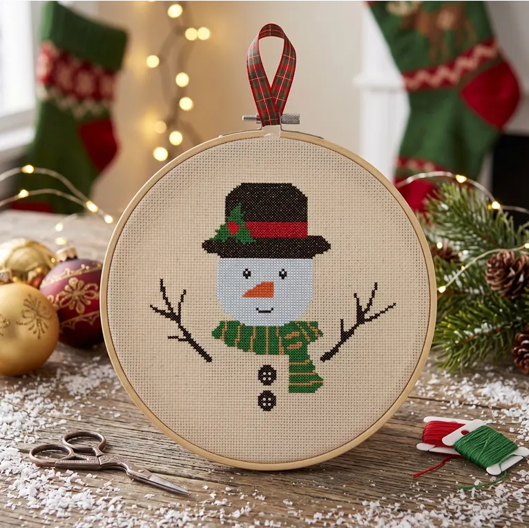 Snowman cross stitch in a wooden hoop with a plaid ribbon on a table.